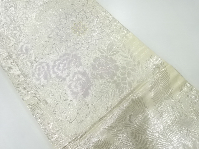 JAPANESE KIMONO / ANTIQUE MARU OBI / WOVEN FLORAL PLANTS